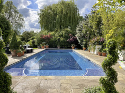 Garden with planters, swimming pool, trees flowers and outdoor furniture. Location hire for TV and filming in Park Lodge, London