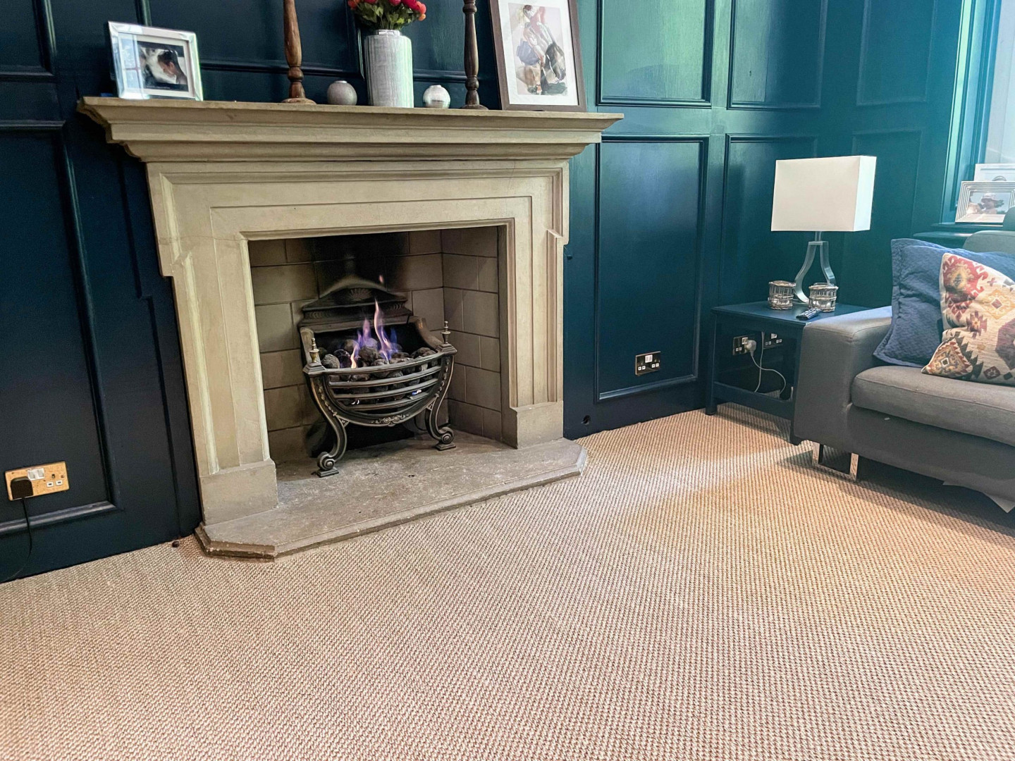 Oak-blue-panel-real-fireplace-modern-oak-panelling-hearth-TV-filming-location-hire-lodge-London