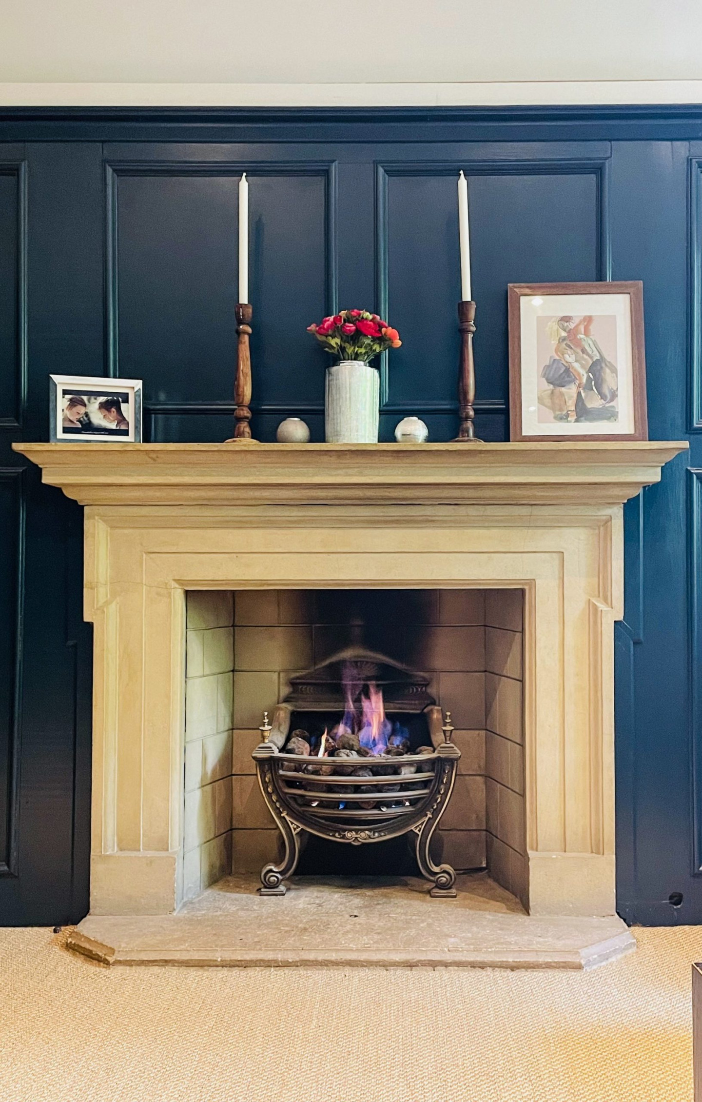 Oak-panel-blue-real-fireplace-modern-oak-panelling-hearth-TV-filming-location-hire-lodge-London