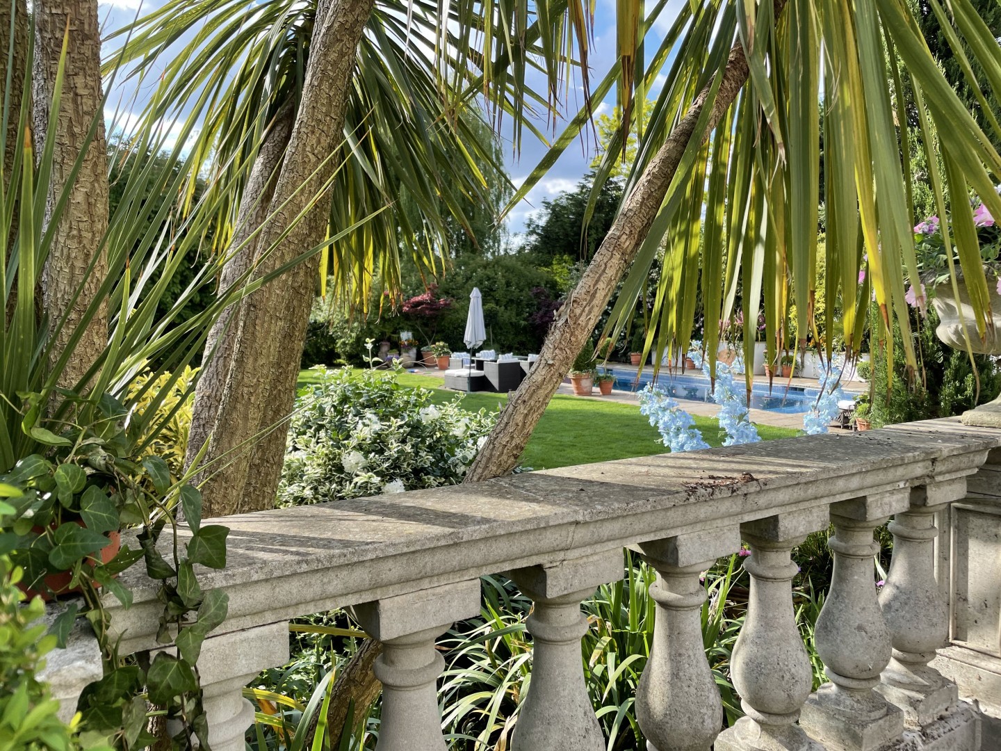 Balustrade terrace garden with palm trees, swimming pool, trees flowers and outdoor furniture. Location hire for TV and filming in Park Lodge, London