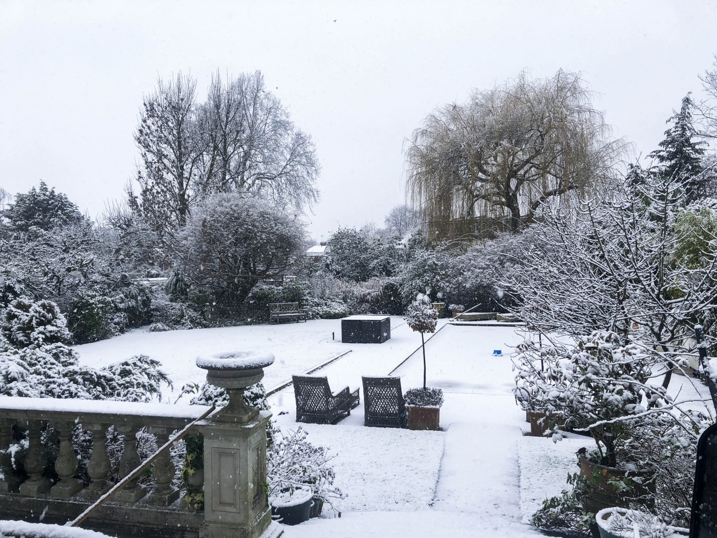 Beautiful rear garden in winter, trees covered in snow. Location hire for TV and filming in Park Lodge, London